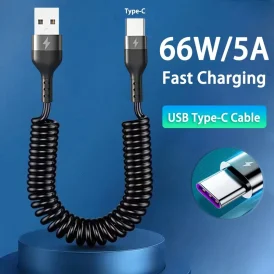 כבל טעינה מהירה 66W 5A Type C - הכנסו לעידן של טעינה מהירה עם כבל ה-Type C שלנו, המציע 66W ו-5A לטעינה אופטימלית! הכבל הטלסקופי והקפיצי מתאים לסמארטפונים כמו סמסונג, שיאומי ו-רדמי, ומספק חווית שימוש נוחה ופשוטה.