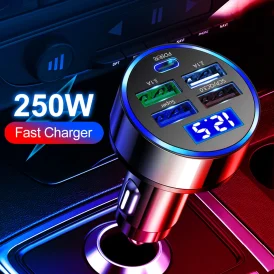 מטען מהיר 250W עם USB טעינה מהירה סוג C לכל טלפון - תומך ב-iPhone 13 Pro, Xiaomi, Huawei, Samsung ועוד – פתרון אידיאלי לנסיעות 🚗⚡