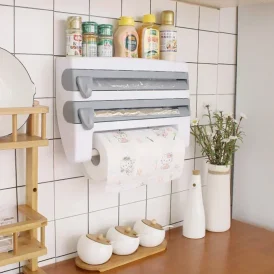 🍴 פתרון מושלם למטבח מאובזר! 🏡 מתקן 4 ב-1 לאחסון תבלינים, נייר, רקמות וניילון נצמד. עיצוב חכם מפלסטיק ואלומיניום, שומר על סדר ונוחות במטבח!